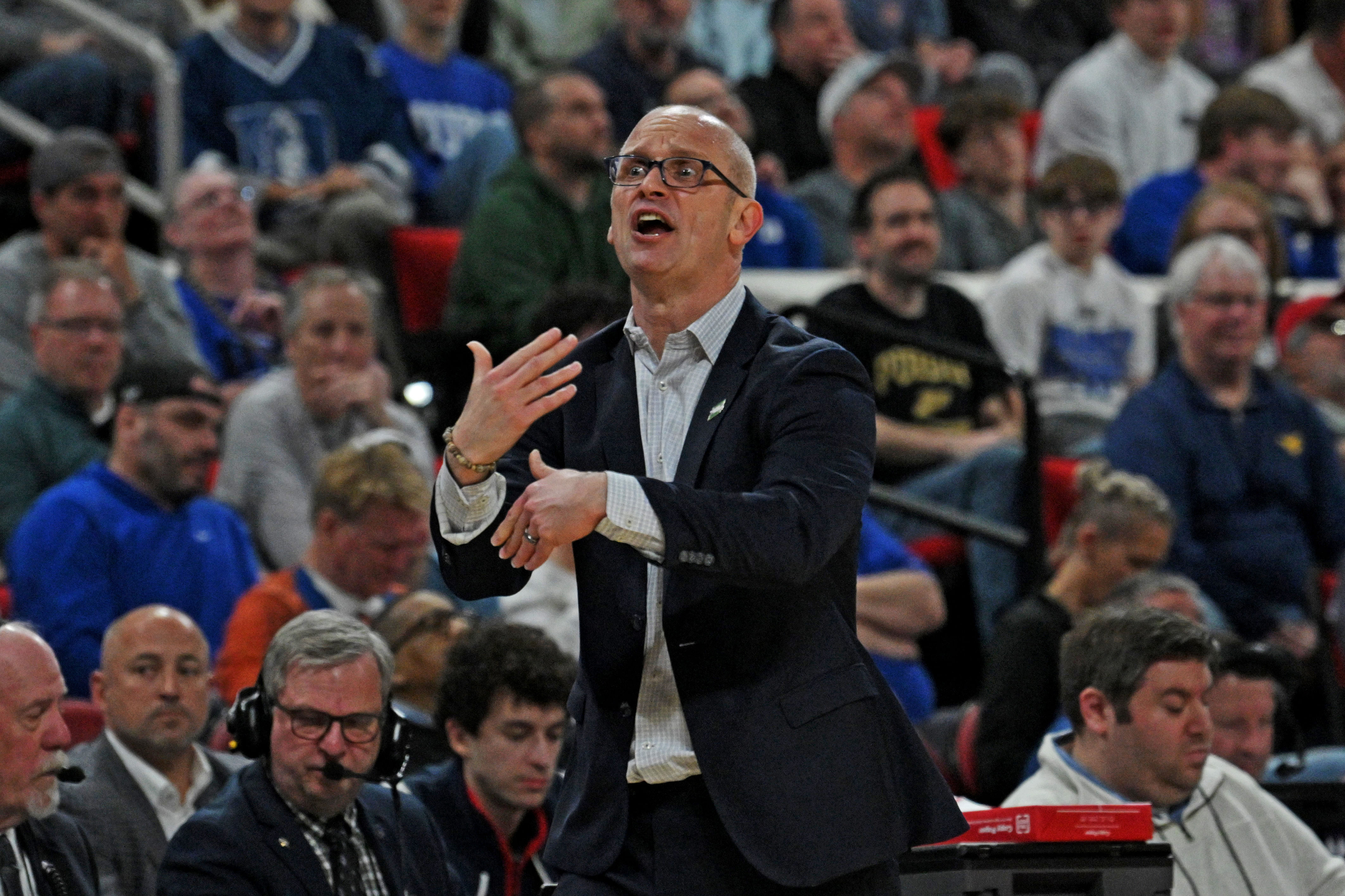 UConn Huskies head coach Dan Hurley reacts during the second half of their NCAA Tournament clash against the Florida Gators at Lenovo Center. Photo: Imagn